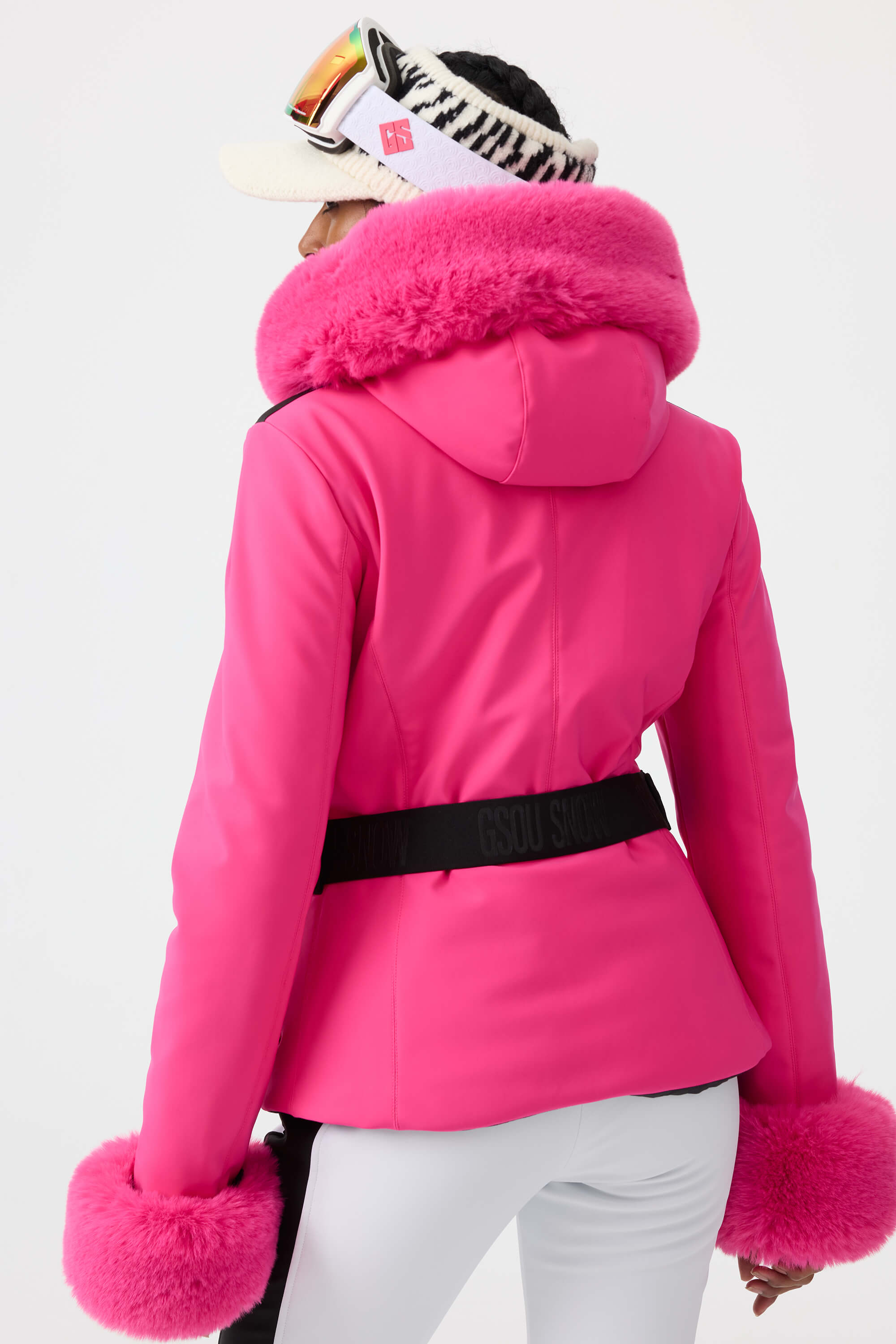 Women's White 3D-Cut Faux Fur Stretch Insulated Ski Jacket Snow Jacket