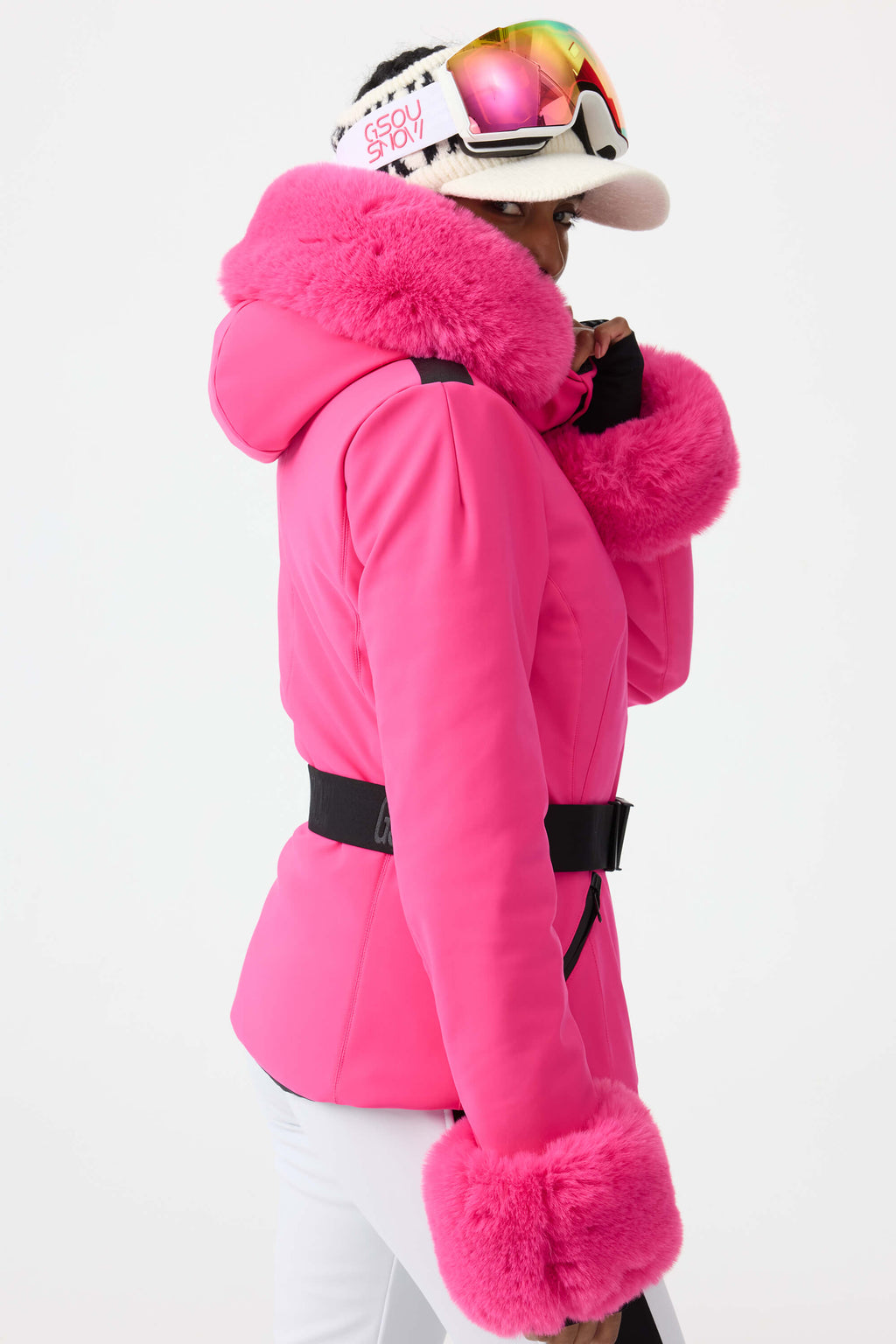 Women's Orange 3D-Cut Faux Fur Stretch Insulated Ski Jacket Snow Jacket