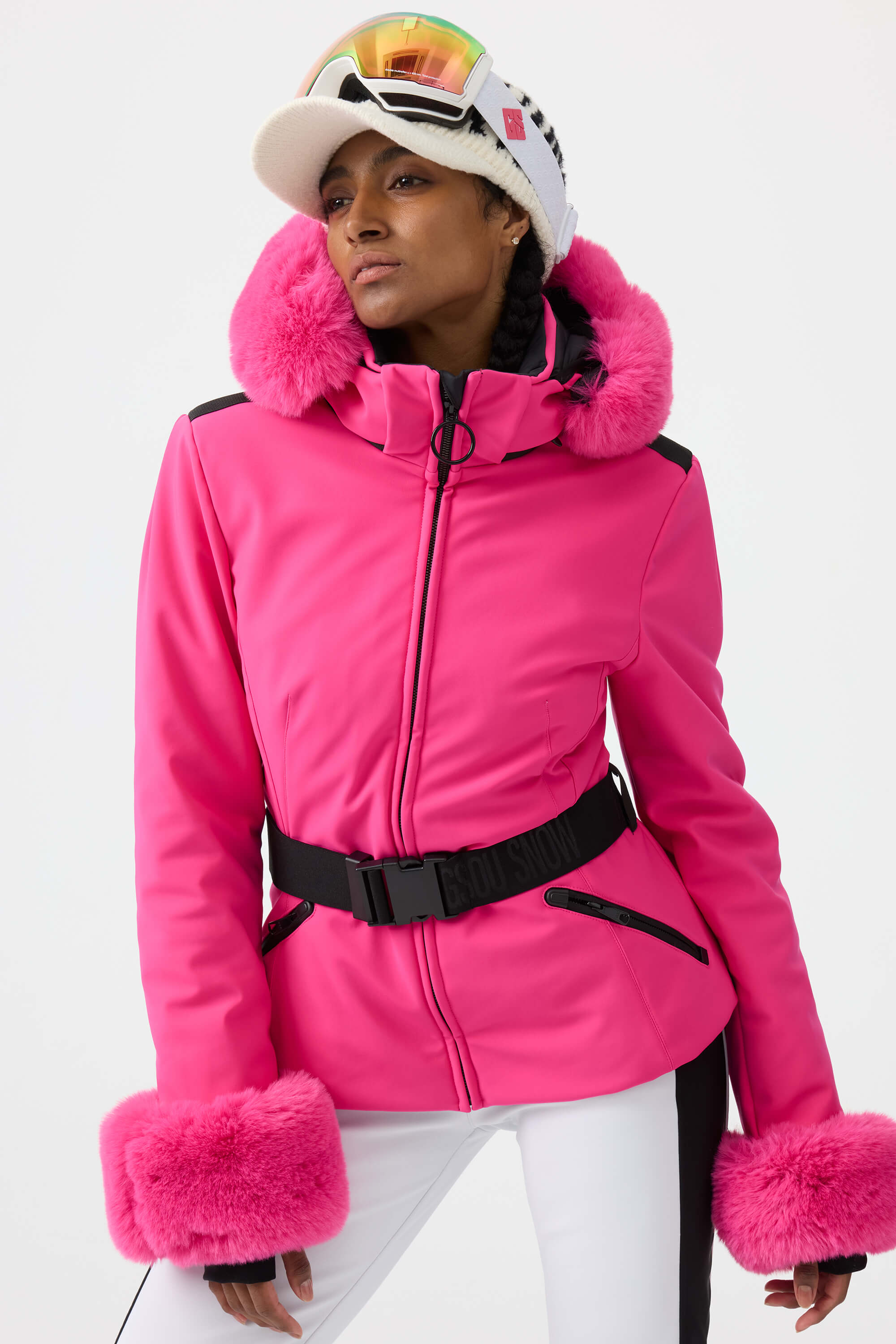 Women's Black 3D-Cut Faux Fur Ski Jacket Stretch Insulated Snow Jacket - Gsou Snow