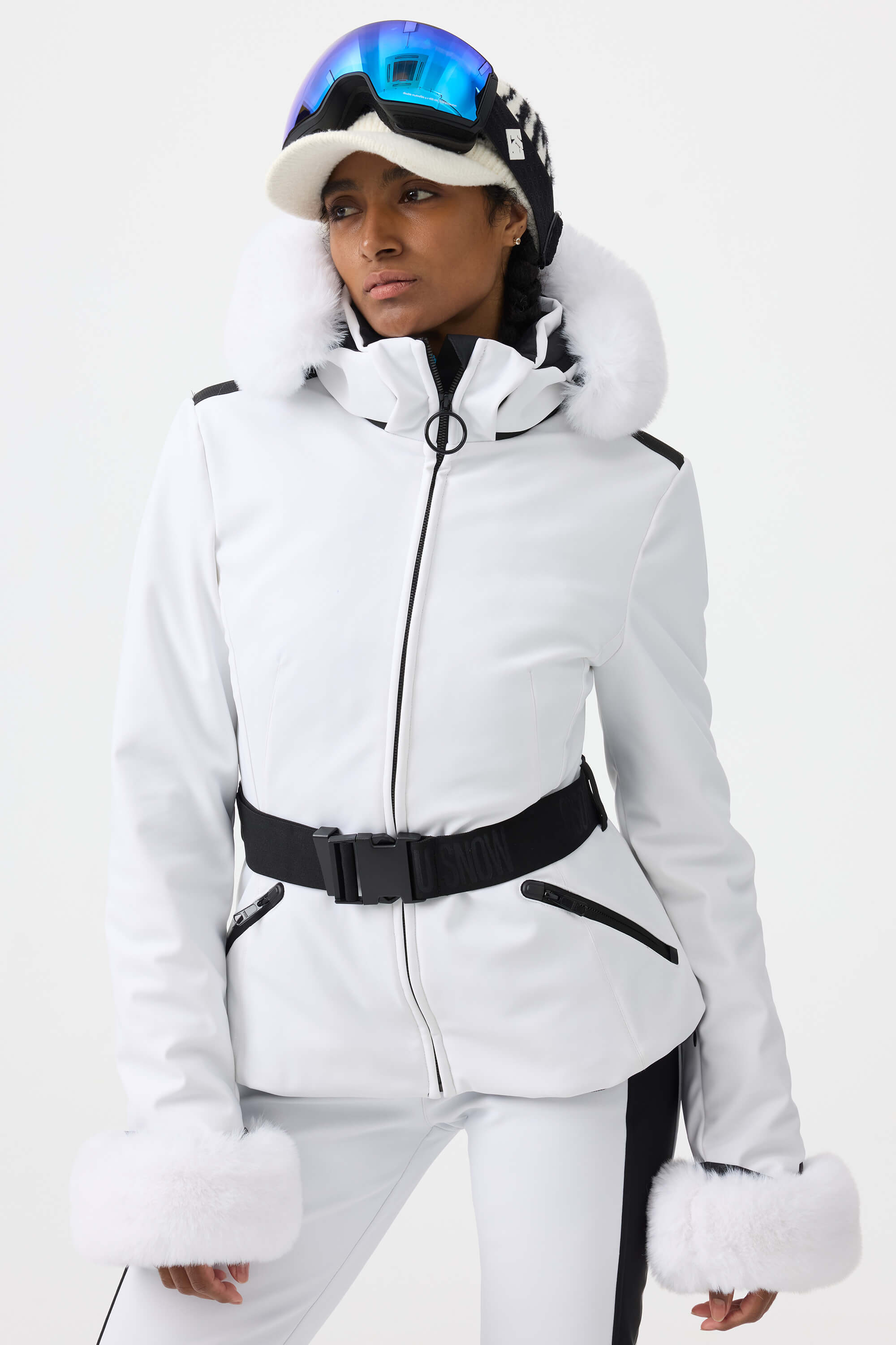 Women's White 3D-Cut Faux Fur Ski Jacket Stretch Insulated Snow Jacket - Gsou Snow