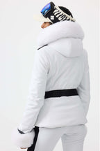 Women's White 3D-Cut Faux Fur Stretch Insulated Ski Jacket Snow Jacket