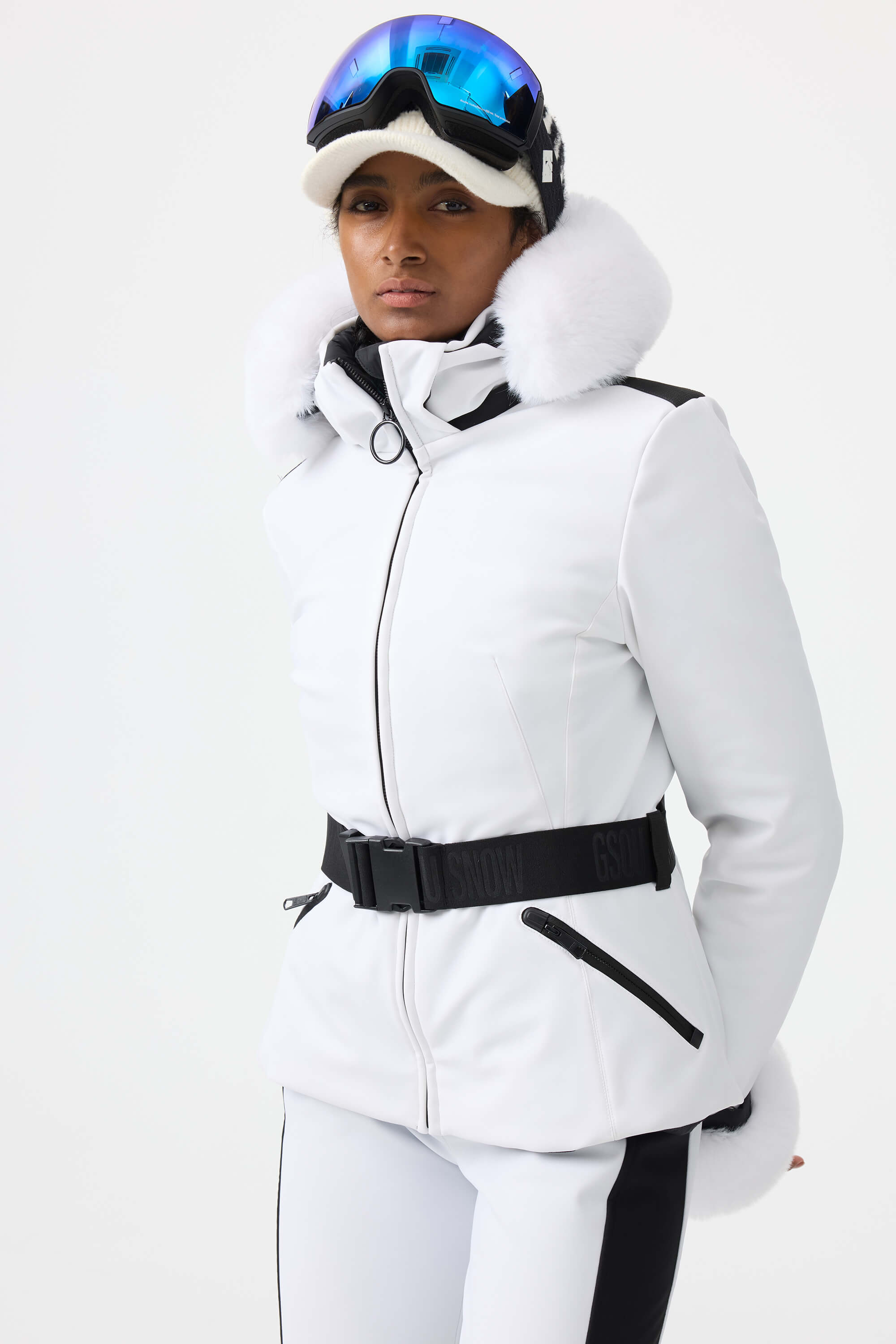 Women's Magenta 3D-Cut Faux Fur Stretch Insulated Ski Jacket Snow Jacket