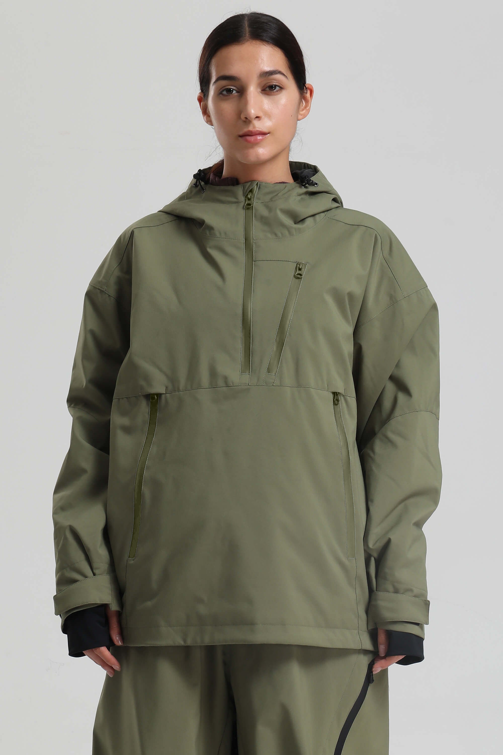 Women's Army Green Side-Zip Vent Snow Anorak Fully Sealed Insulated Ski Anorak - Gsou Snow