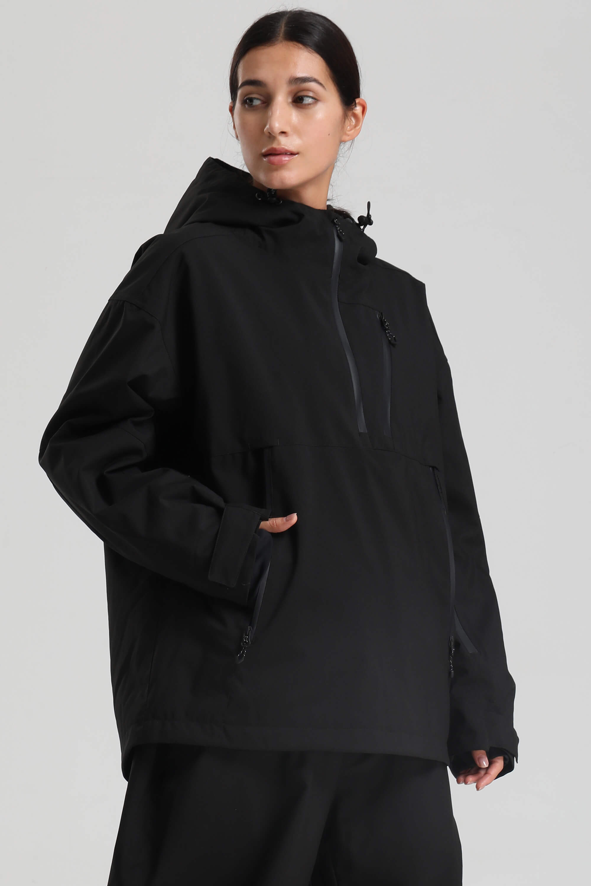 Women's Black Side-Zip Vent Snow Anorak Fully Sealed Insulated Ski Anorak - Gsou Snow