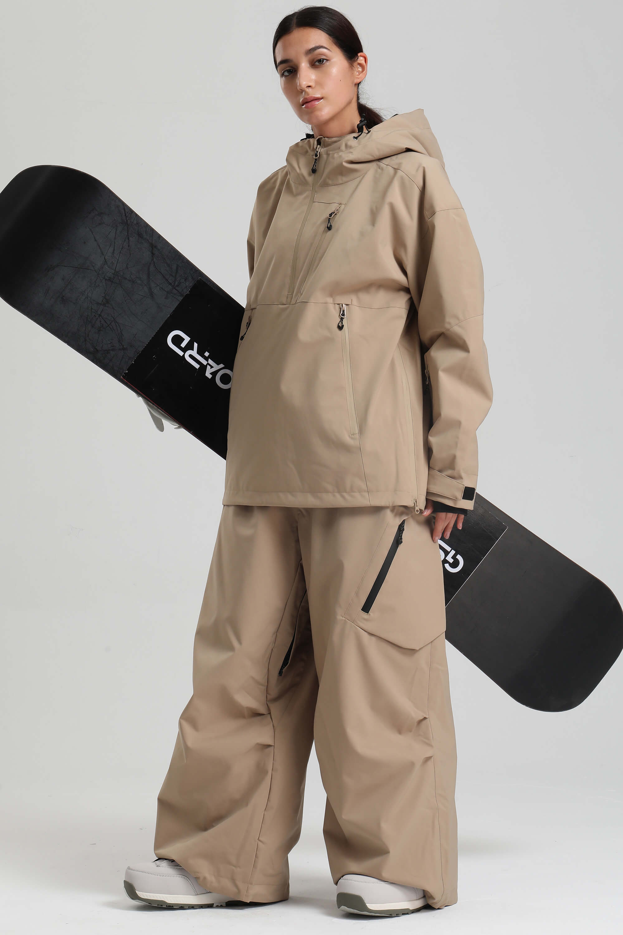 Women's Khaki Side-Zip Vent Snow Anorak Fully Sealed Insulated Ski Anorak - Gsou Snow