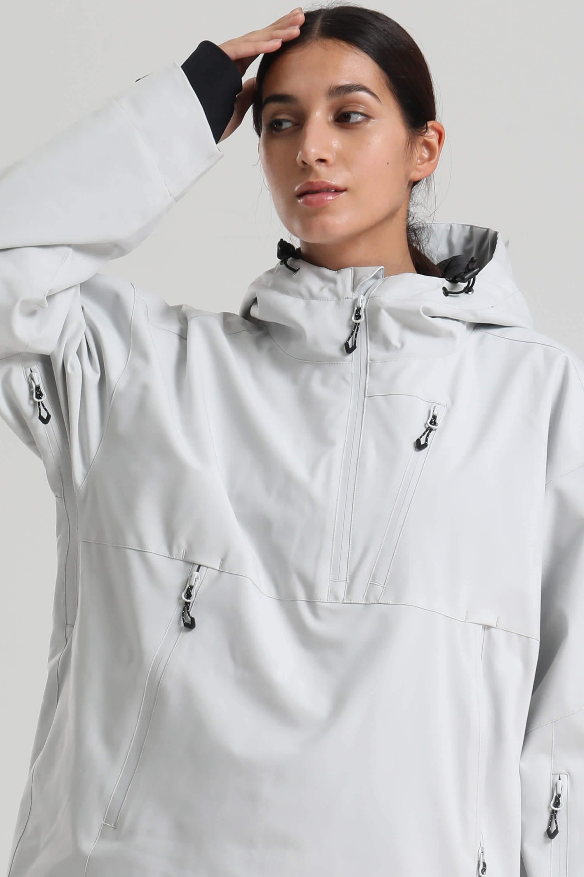 Women's Light Gray Side-Zip Vent Snow Anorak Fully Sealed Insulated Ski Anorak - Gsou Snow
