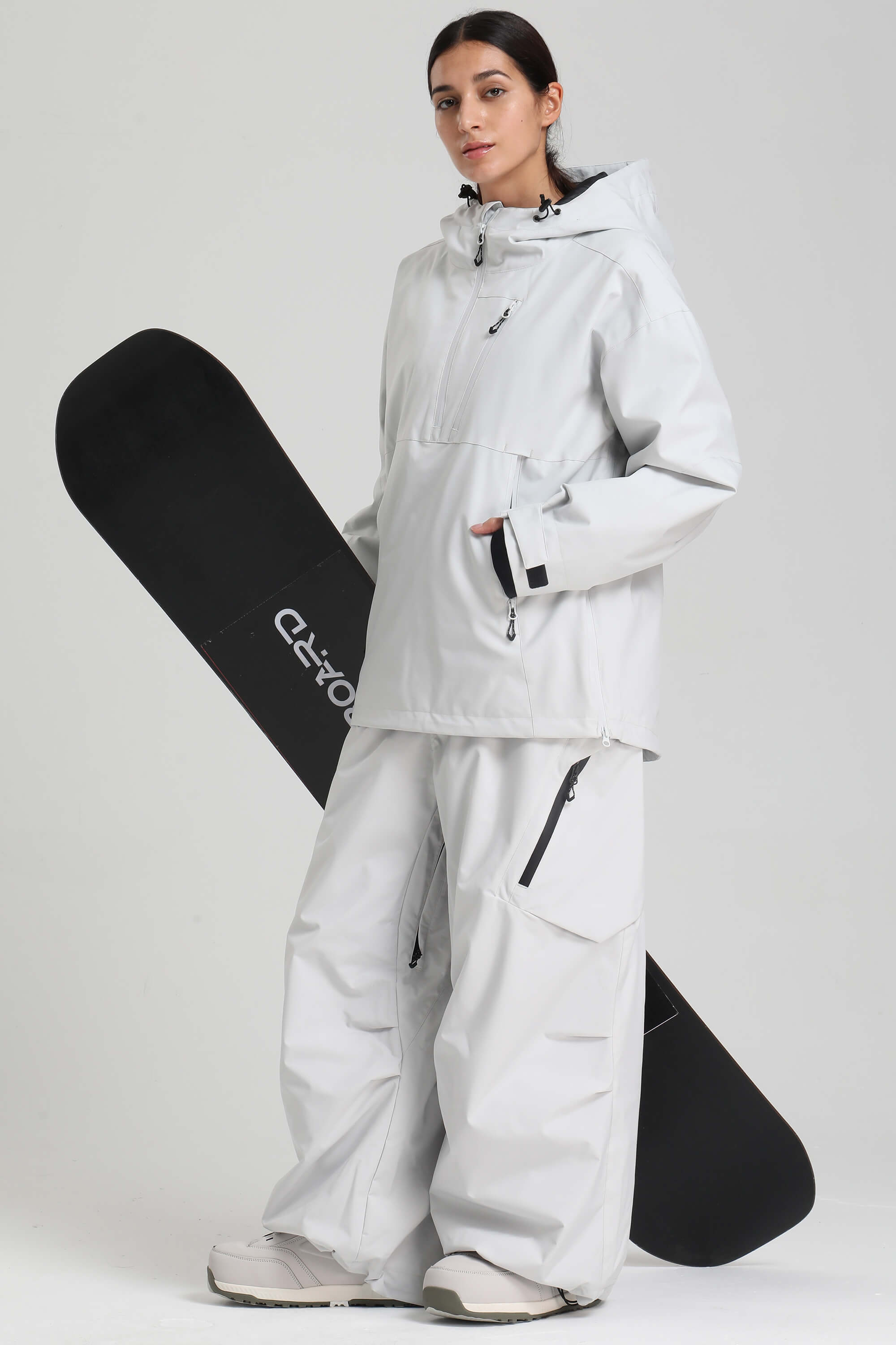 Women's Light Gray Side-Zip Vent Snow Anorak Fully Sealed Insulated Ski Anorak - Gsou Snow