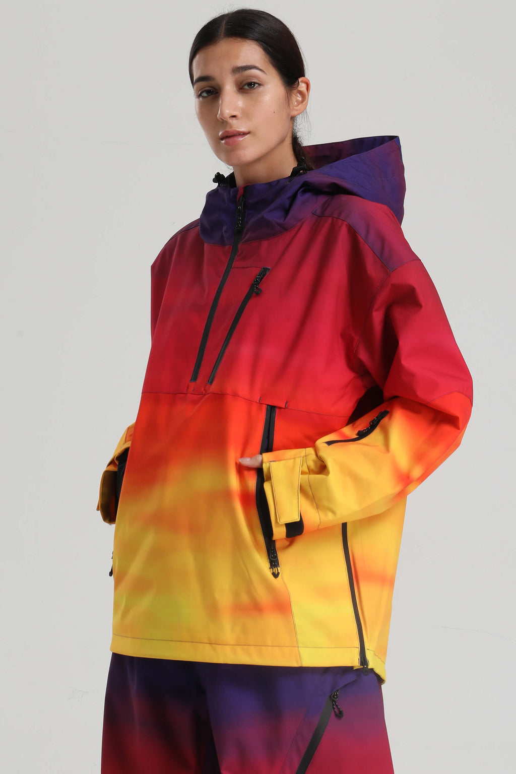 Women's Pink Gradient Side-Zip Vented Ski Anorak Fully-Sealed Insulated Snow Anorak