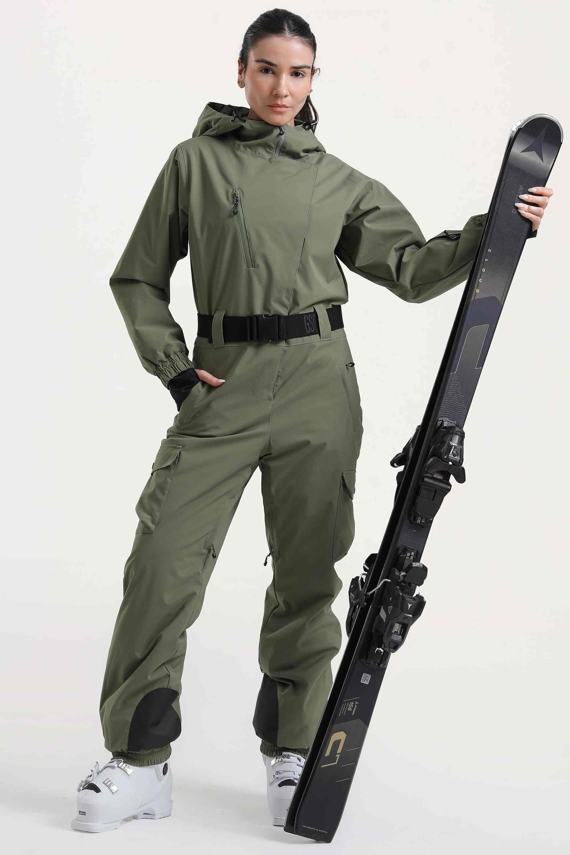 Women's Army Green Asymmetric Belted Insulated Waterproof One-Piece Ski Suit Snowboard Suit Main image