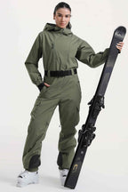 Women's Army Green Asymmetric Belted Insulated Waterproof One-Piece Ski Suit Snowboard Suit