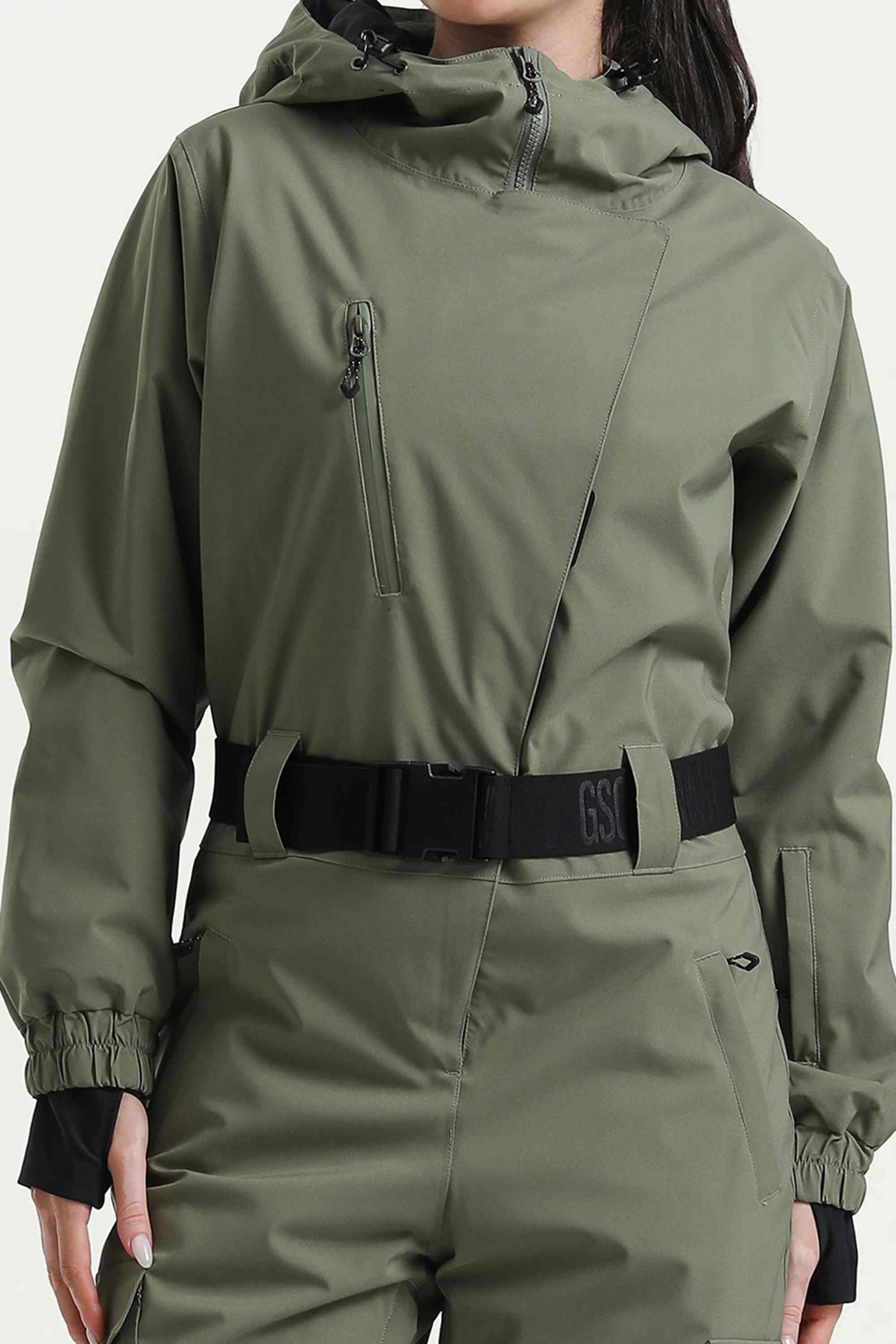 Women's Army Green Insulated Waterproof Asymmetric Design Belted Ski Suit One-Piece Snowboard Suit - Gsou Snow