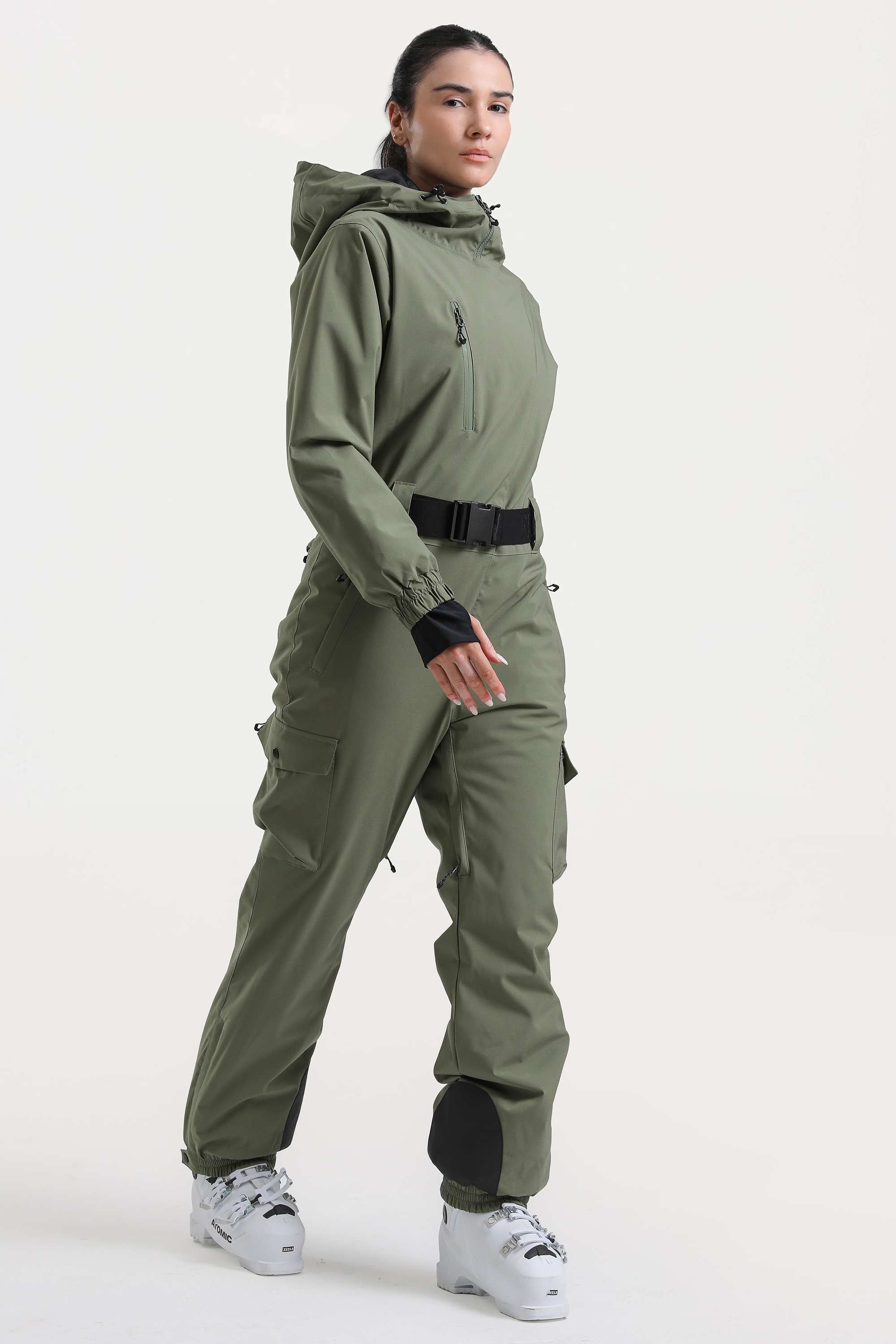 Women's Army Green Insulated Waterproof Asymmetric Design Belted Ski Suit One-Piece Snowboard Suit - Gsou Snow