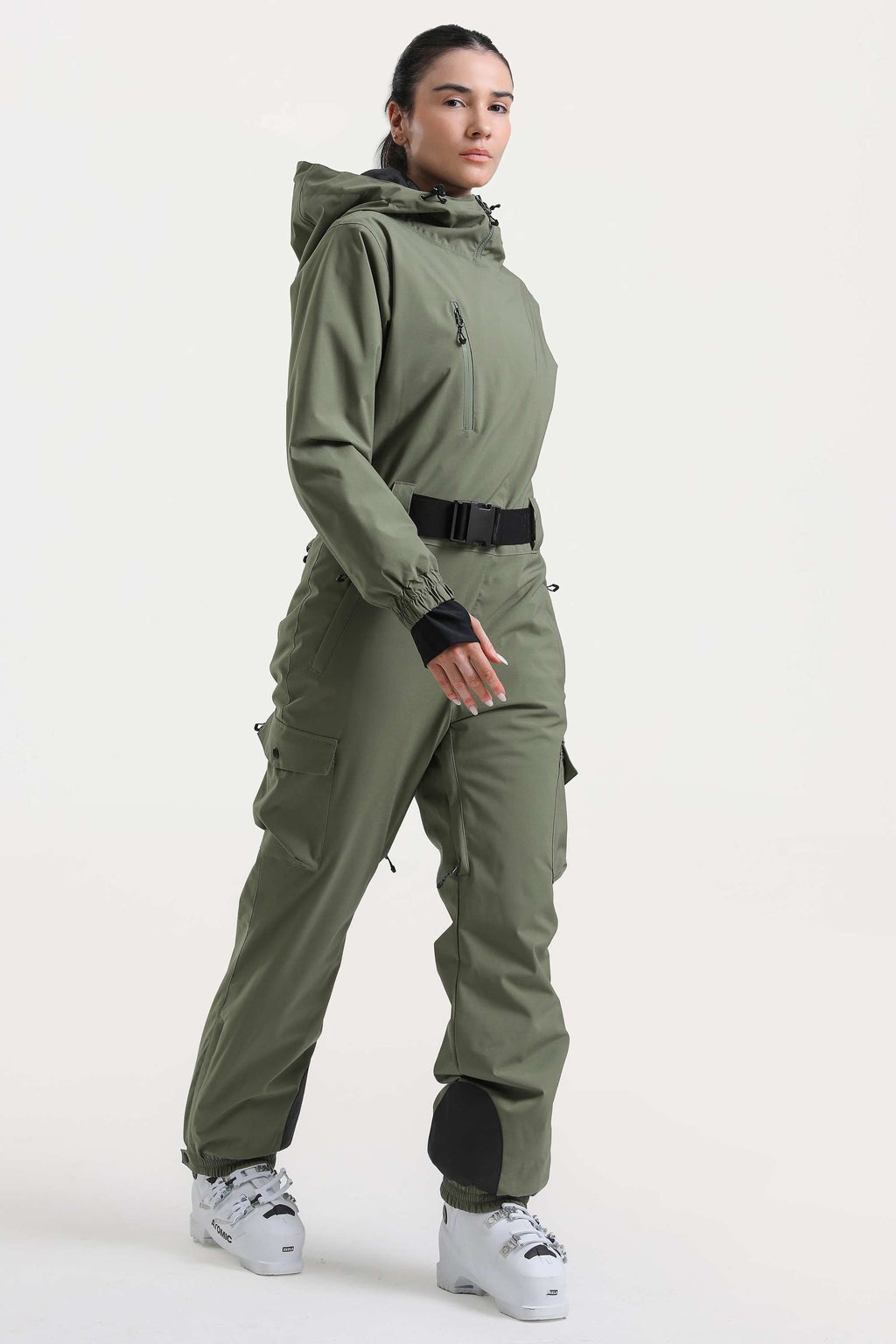Women's Army Green Asymmetric Belted Insulated Waterproof One-Piece Ski Suit Snowboard Suit