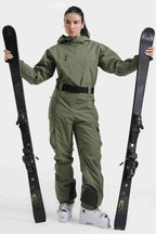 Women's Army Green Insulated Waterproof Asymmetric Design Belted Ski Suit One-Piece Snowboard Suit - Gsou Snow