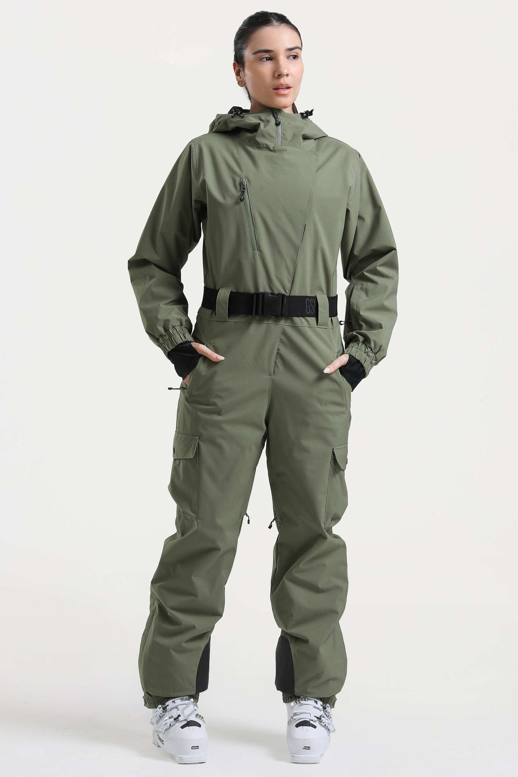 Women's Brown Asymmetric Belted Insulated Waterproof One-Piece Ski Suit Snowboard Suit