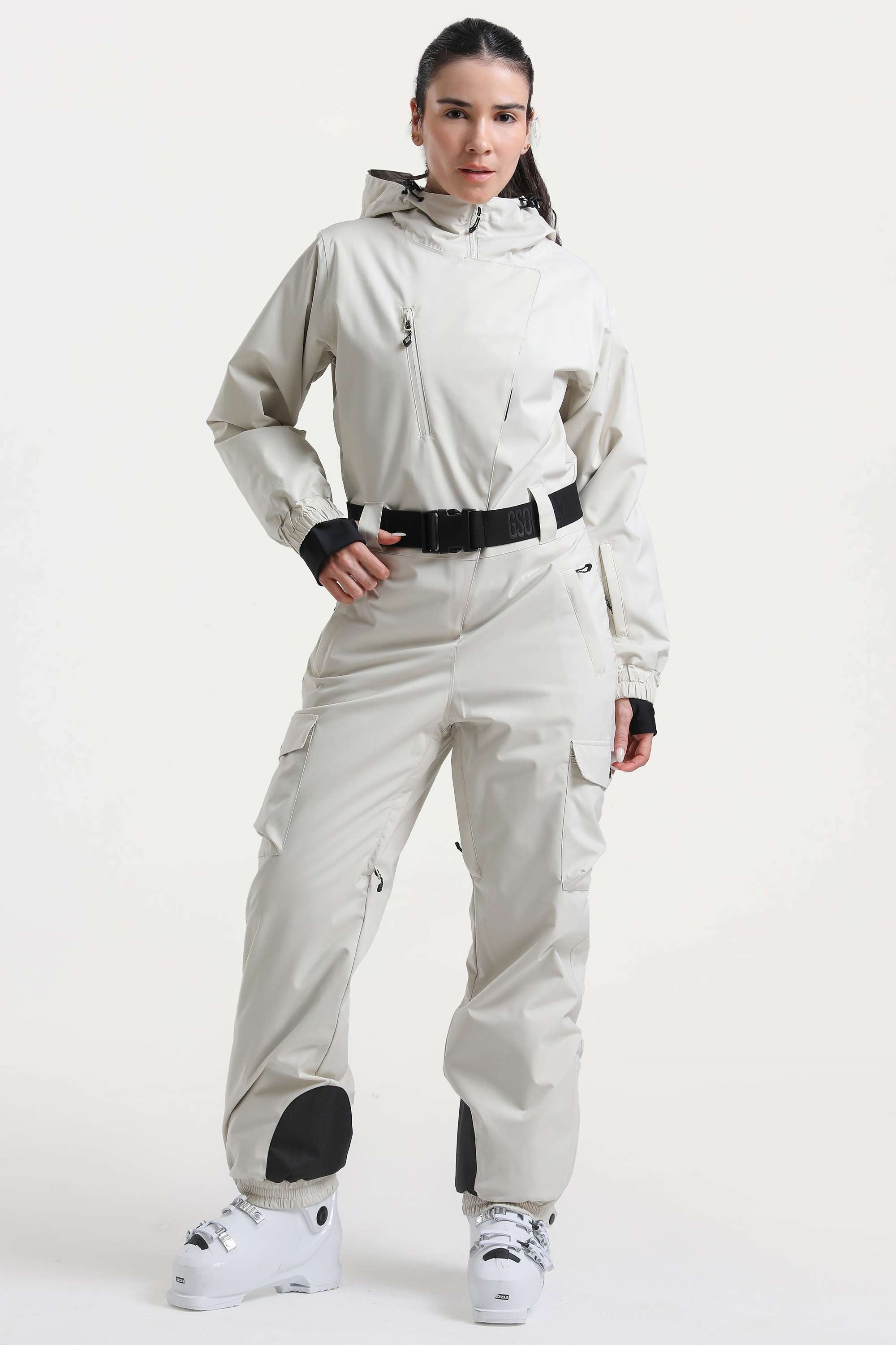 Women's Off White Insulated Waterproof Asymmetric Design Belted Ski Suit One-Piece Snowboard Suit - Gsou Snow