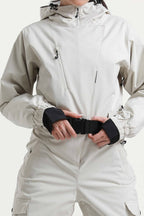Women's Off White Insulated Waterproof Asymmetric Design Belted Ski Suit One-Piece Snowboard Suit - Gsou Snow