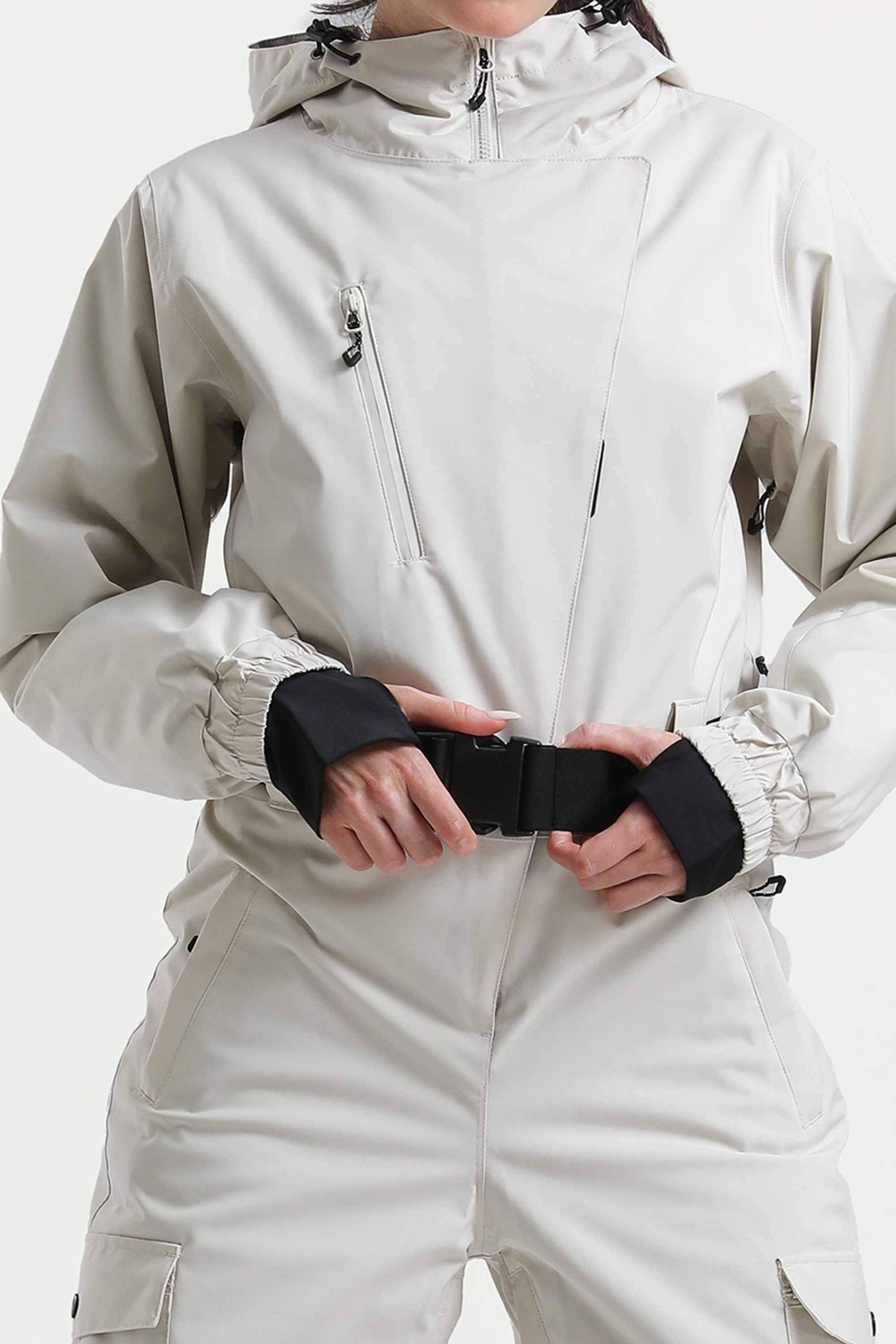 Women's Off White Insulated Waterproof Asymmetric Design Belted Ski Suit One-Piece Snowboard Suit - Gsou Snow