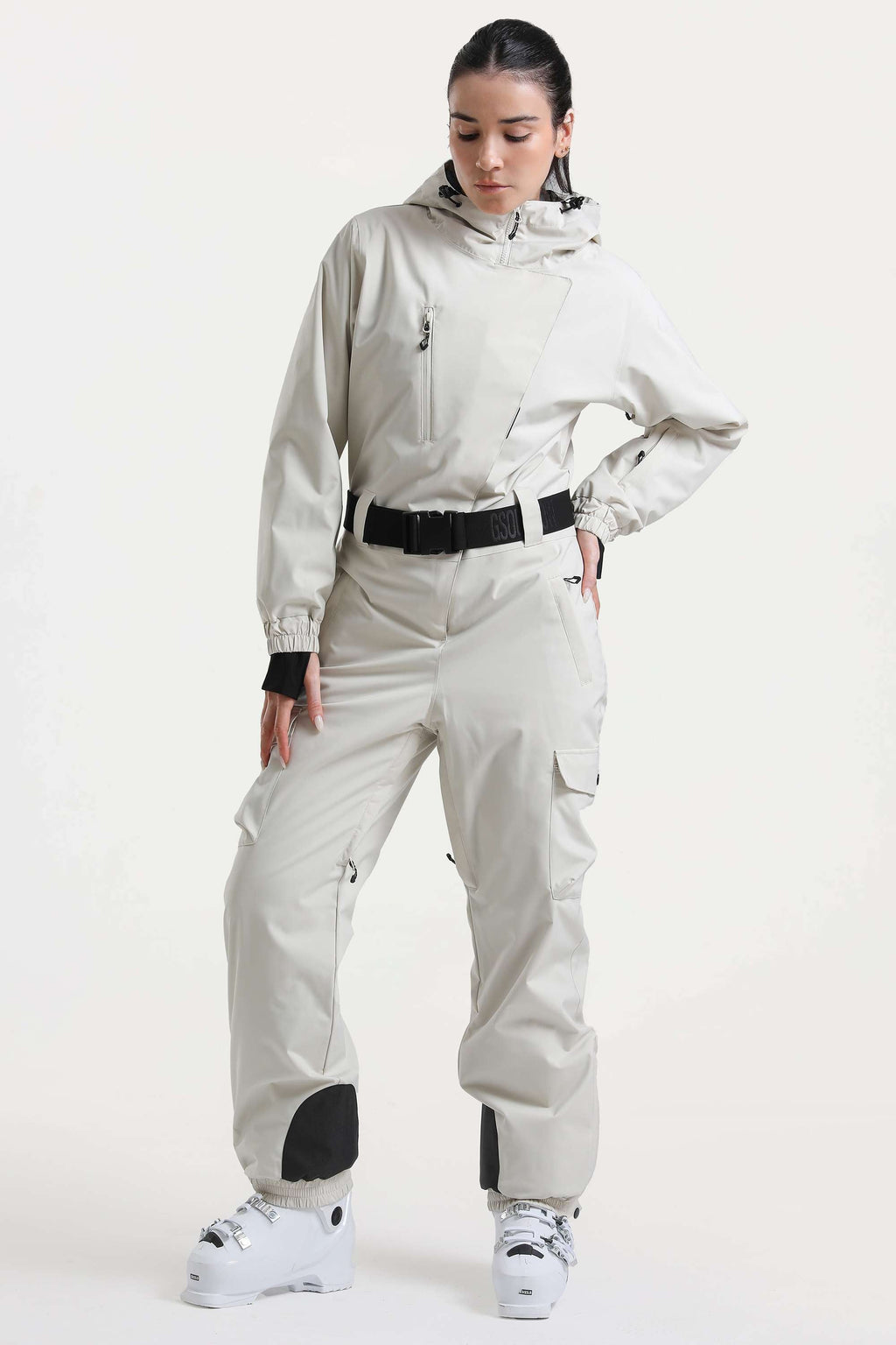 Women's Off White Insulated Waterproof Asymmetric Design Belted Ski Suit One-Piece Snowboard Suit - Gsou Snow