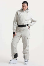 Women's Off White Insulated Waterproof Asymmetric Design Belted Ski Suit One-Piece Snowboard Suit - Gsou Snow