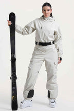 Women's Off White Insulated Waterproof Asymmetric Design Belted Ski Suit One-Piece Snowboard Suit - Gsou Snow