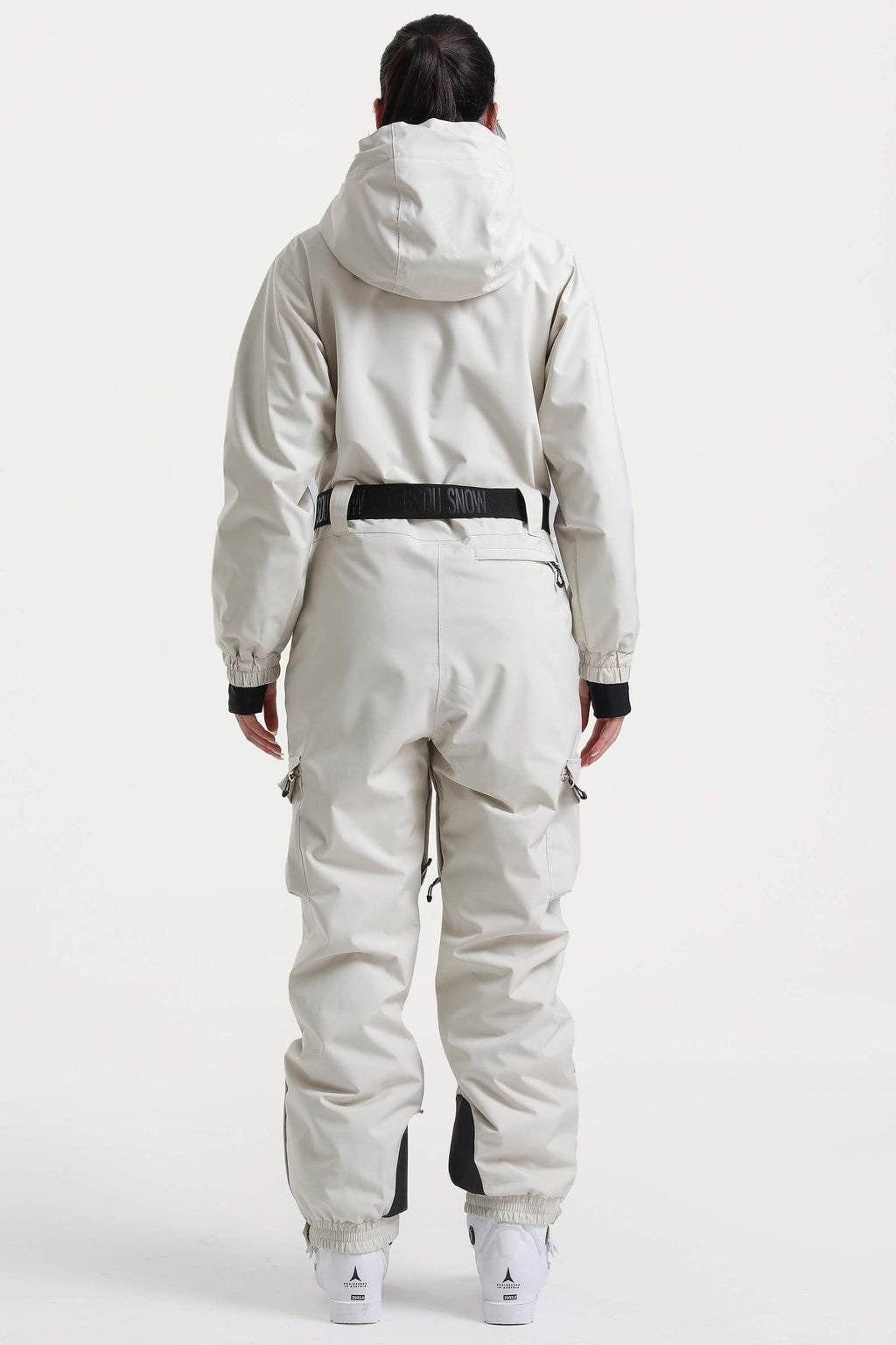 Women's Off White Insulated Waterproof Asymmetric Design Belted Ski Suit One-Piece Snowboard Suit - Gsou Snow