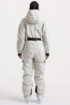 Women's Off White Insulated Waterproof Asymmetric Design Belted Ski Suit One-Piece Snowboard Suit - Gsou Snow