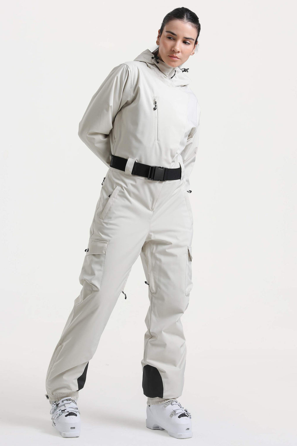 Women's Off White Insulated Waterproof Asymmetric Design Belted Ski Suit One-Piece Snowboard Suit - Gsou Snow