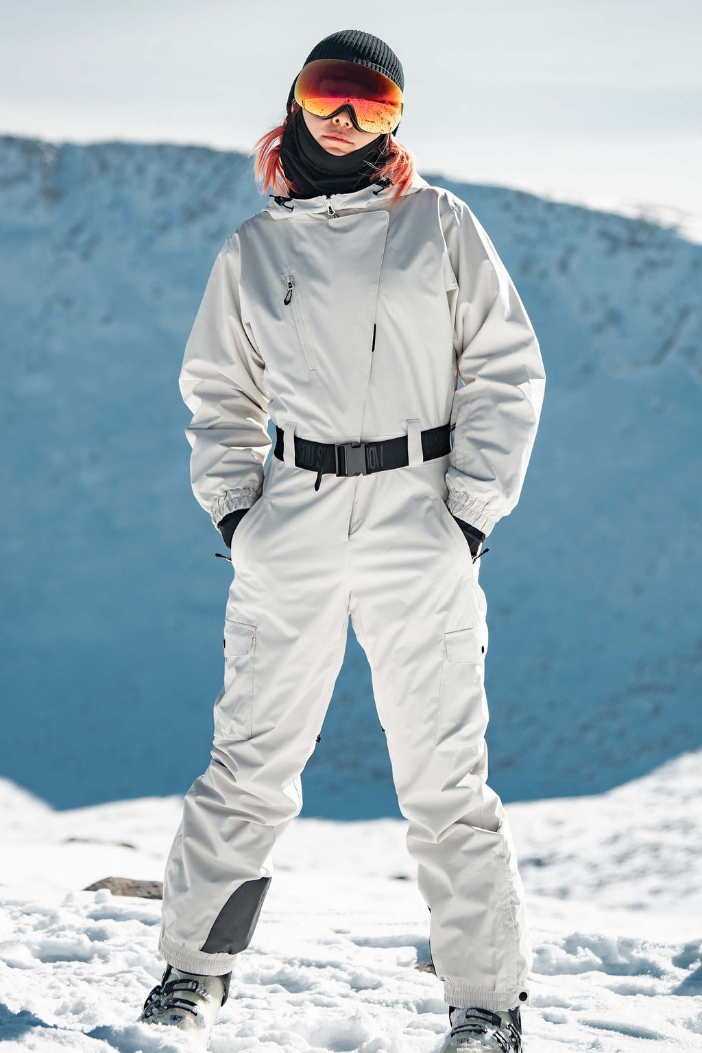 Women's Red Asymmetric Belted Insulated Waterproof One-Piece Ski Suit Snowboard Suit