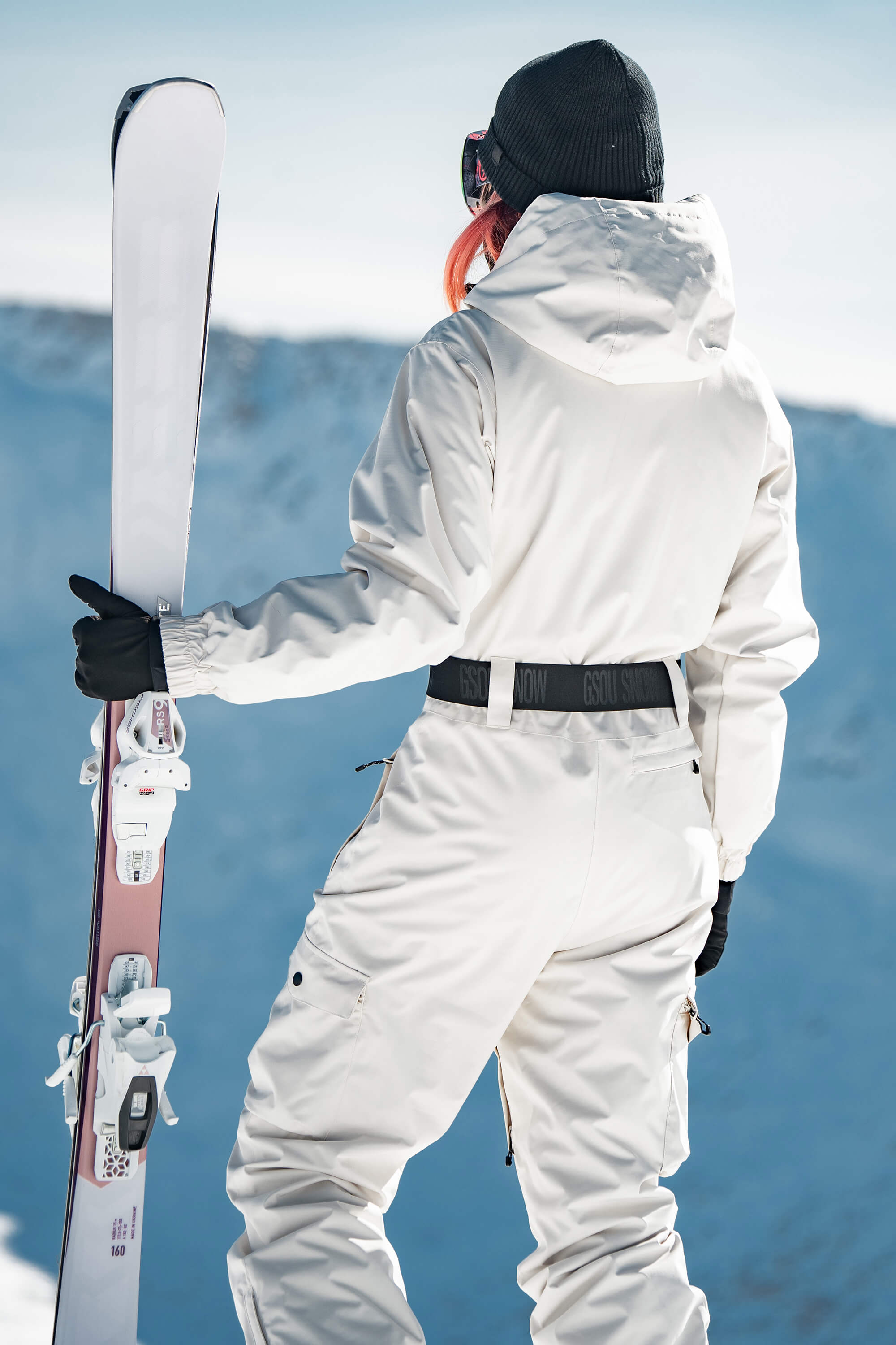 Women's Off White Asymmetric Belted Insulated Waterproof One-Piece Ski Suit Snowboard Suit Secondary image