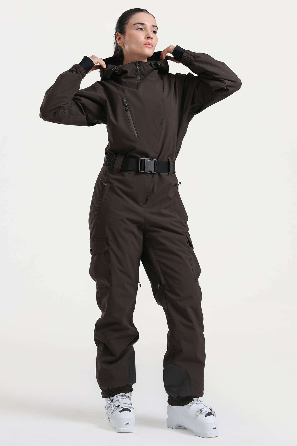 Women's Brown Insulated Waterproof Asymmetric Design Belted Ski Suit One-Piece Snowboard Suit - Gsou Snow