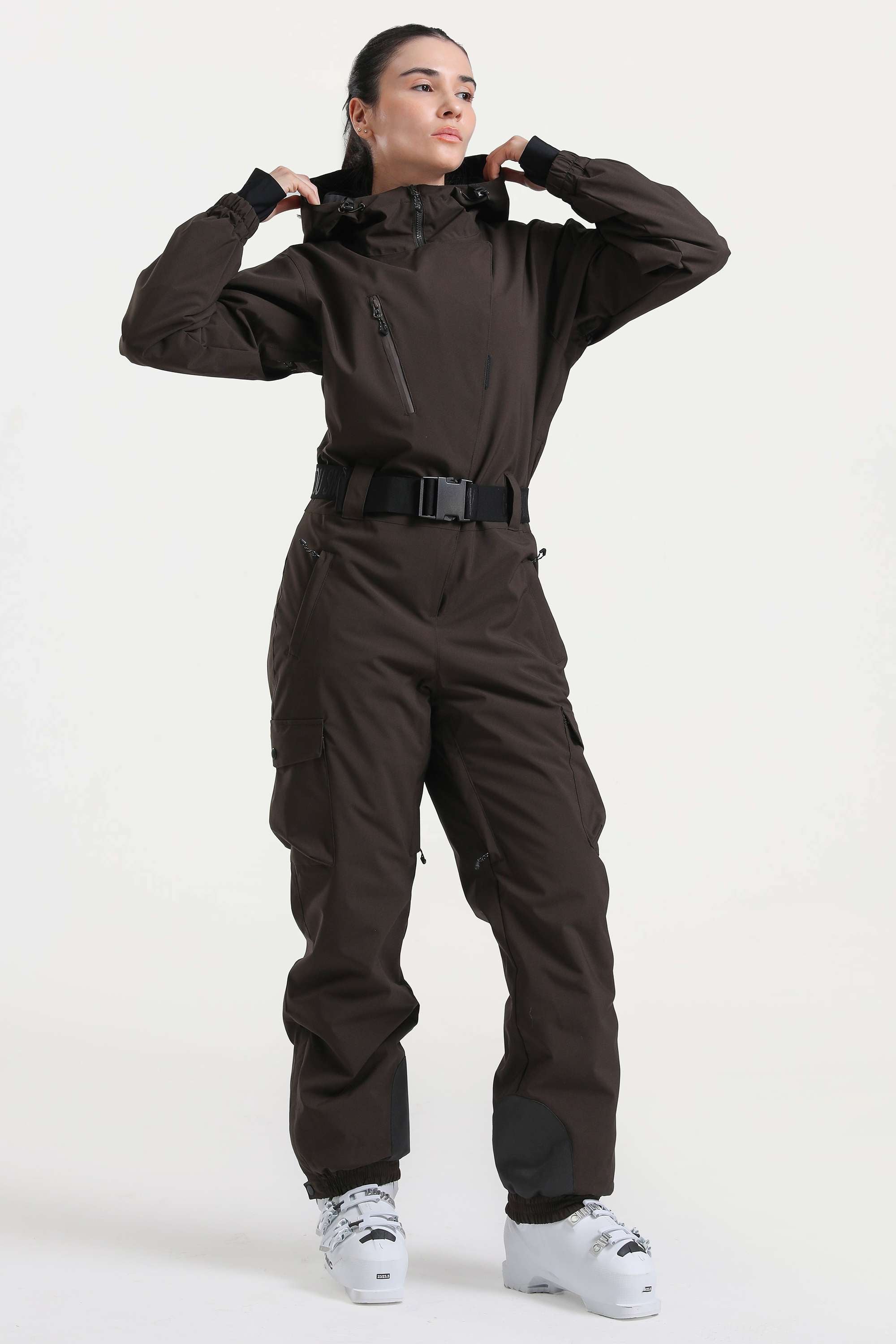 Women's Brown Insulated Waterproof Asymmetric Design Belted Ski Suit One-Piece Snowboard Suit - Gsou Snow