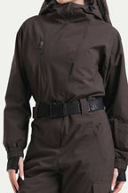 Women's Brown Insulated Waterproof Asymmetric Design Belted Ski Suit One-Piece Snowboard Suit - Gsou Snow