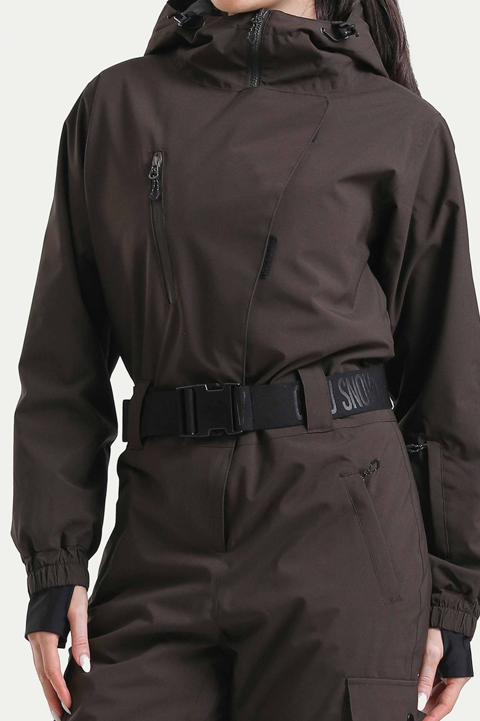 Women's Brown Insulated Waterproof Asymmetric Design Belted Ski Suit One-Piece Snowboard Suit - Gsou Snow
