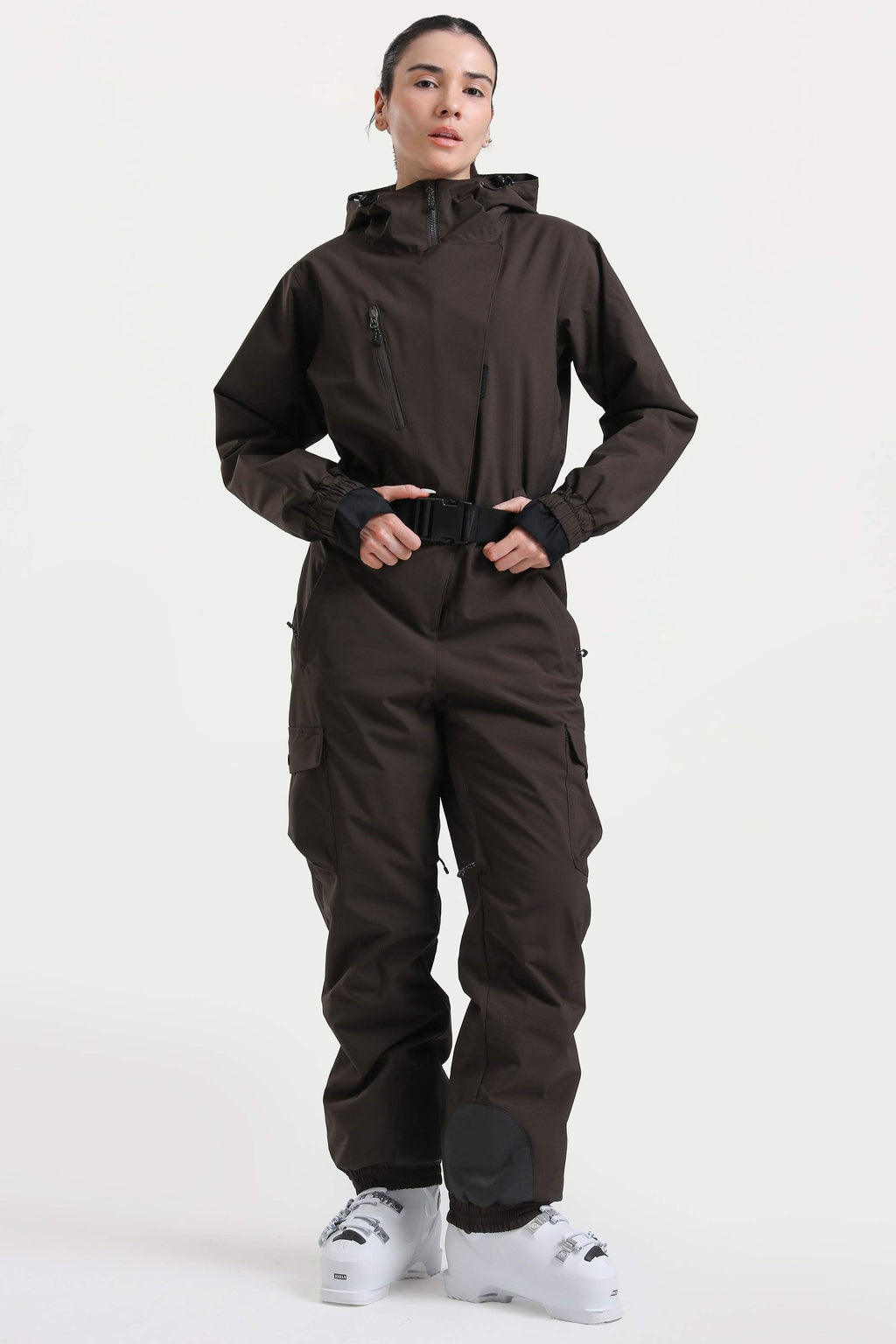 Women's Brown Insulated Waterproof Asymmetric Design Belted Ski Suit One-Piece Snowboard Suit - Gsou Snow