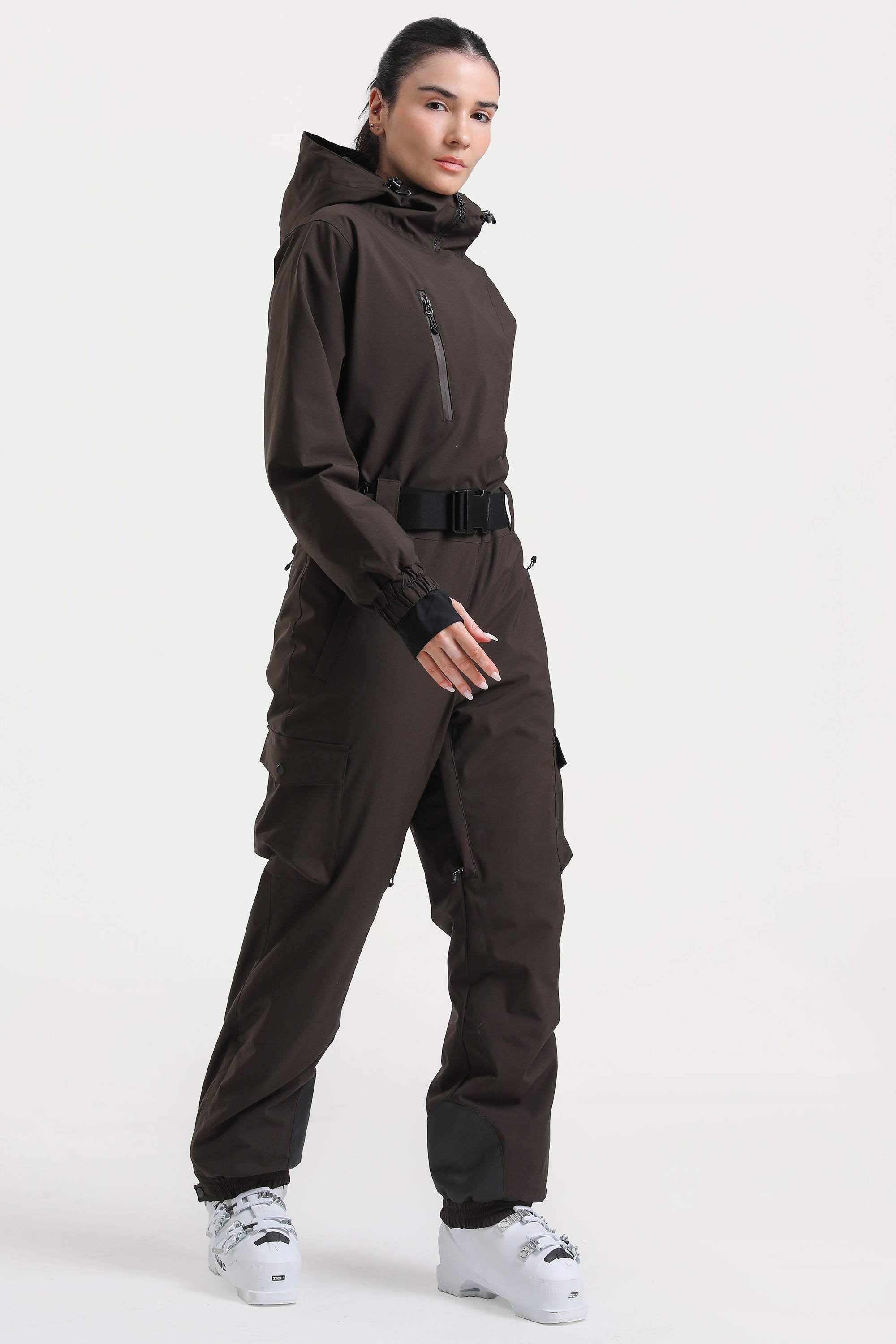 Women's Off White Insulated Waterproof Asymmetric Design Belted Ski Suit One-Piece Snowboard Suit - Gsou Snow