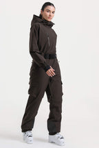 Women's Off White Asymmetric Belted Insulated Waterproof One-Piece Ski Suit Snowboard Suit