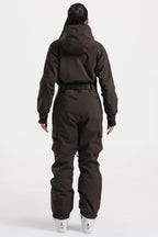 Women's Brown Insulated Waterproof Asymmetric Design Belted Ski Suit One-Piece Snowboard Suit - Gsou Snow