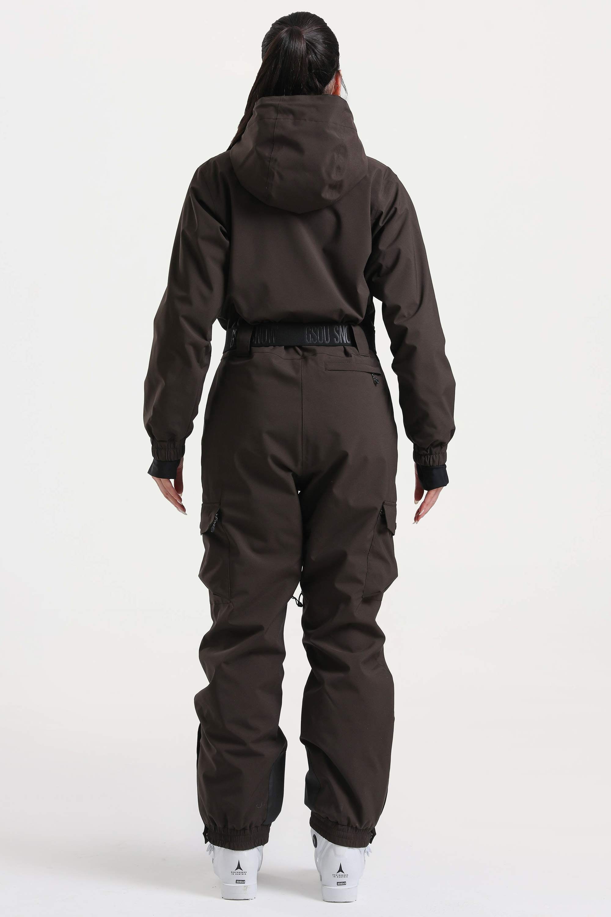 Women's Brown Insulated Waterproof Asymmetric Design Belted Ski Suit One-Piece Snowboard Suit - Gsou Snow