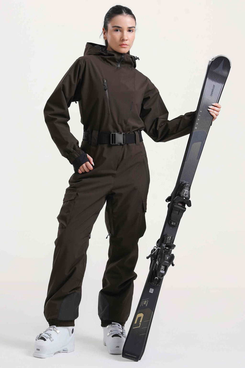 Women's Army Green Asymmetric Belted Insulated Waterproof One-Piece Ski Suit Snowboard Suit