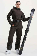 Women's Brown Asymmetric Belted Insulated Waterproof One-Piece Ski Suit Snowboard Suit