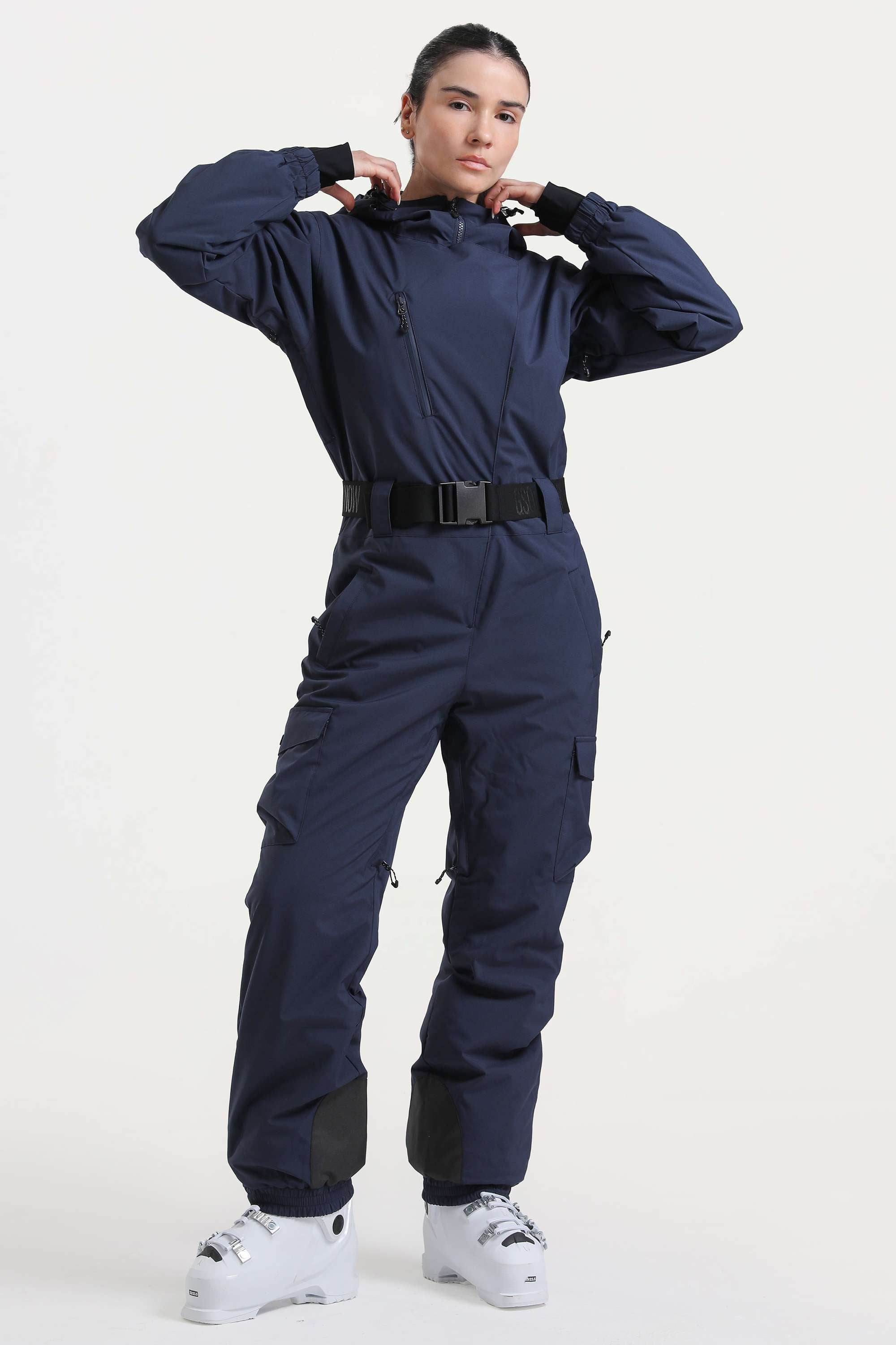 Women's Off White Asymmetric Belted Insulated Waterproof One-Piece Ski Suit Snowboard Suit