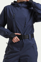 Women's Navy Insulated Waterproof Asymmetric Design Belted Ski Suit One-Piece Snowboard Suit - Gsou Snow