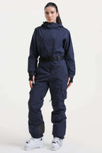 Women's Navy Insulated Waterproof Asymmetric Design Belted Ski Suit One-Piece Snowboard Suit - Gsou Snow
