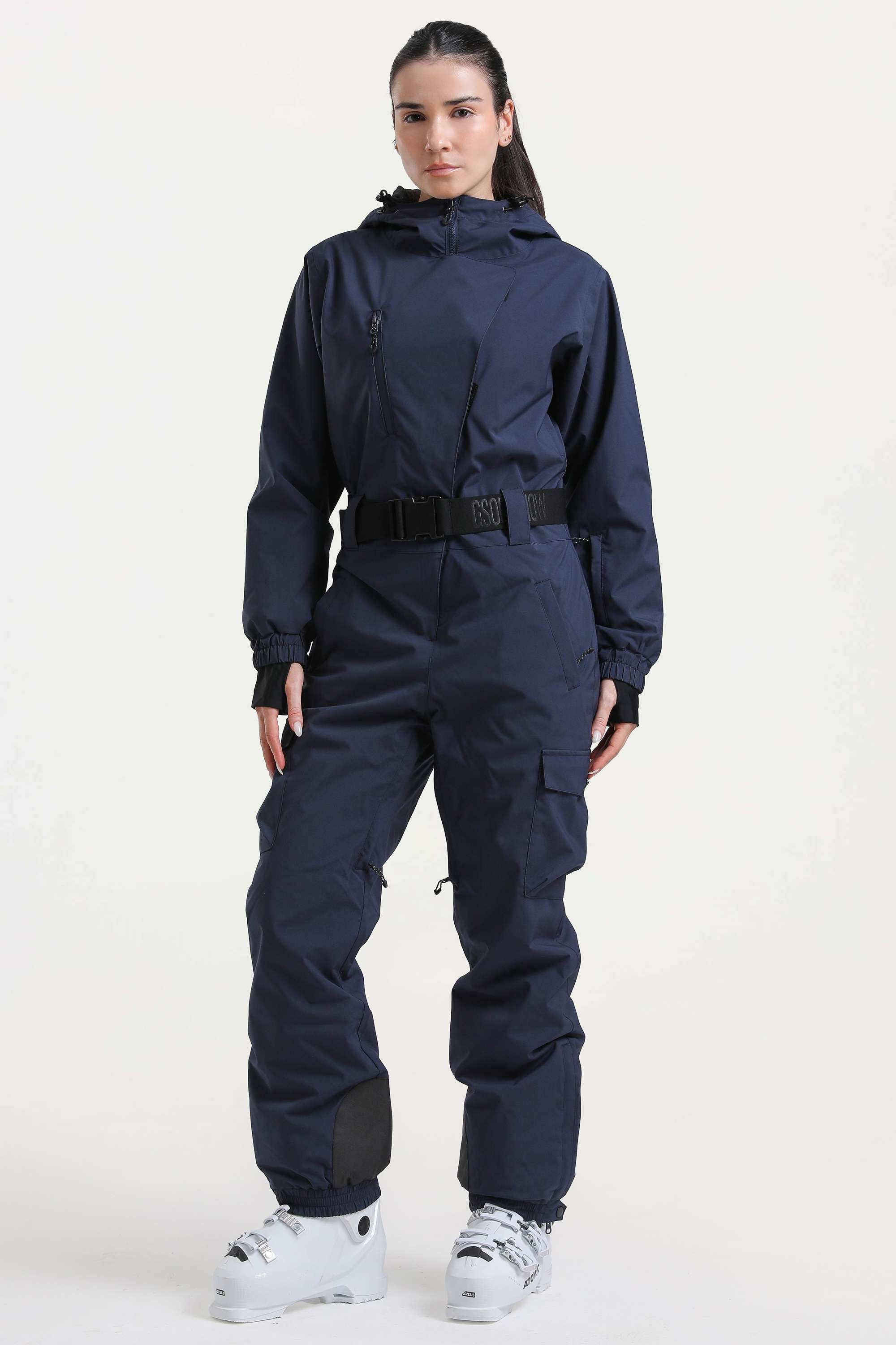 Women's Navy Insulated Waterproof Asymmetric Design Belted Ski Suit One-Piece Snowboard Suit - Gsou Snow