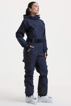 Women's Navy Insulated Waterproof Asymmetric Design Belted Ski Suit One-Piece Snowboard Suit - Gsou Snow