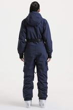 Women's Navy Insulated Waterproof Asymmetric Design Belted Ski Suit One-Piece Snowboard Suit - Gsou Snow