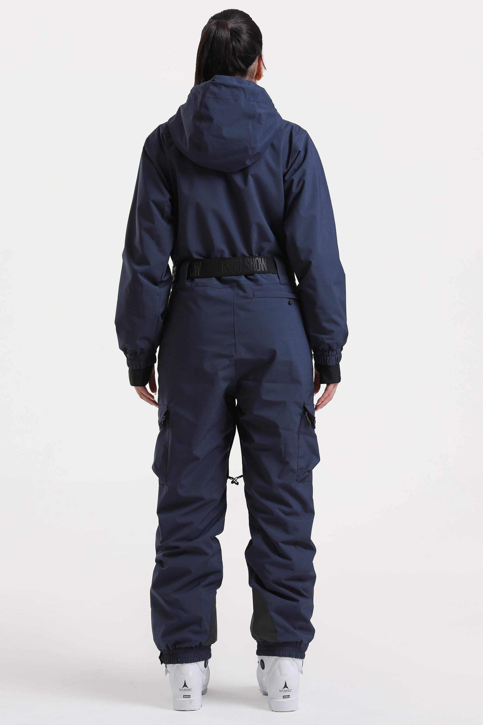 Women's Navy Insulated Waterproof Asymmetric Design Belted Ski Suit One-Piece Snowboard Suit - Gsou Snow