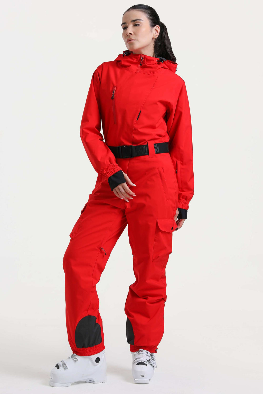 Women's Red Insulated Waterproof Asymmetric Design Belted Ski Suit One-Piece Snowboard Suit - Gsou Snow