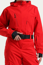 Women's Red Asymmetric Belted Insulated Waterproof One-Piece Ski Suit Snowboard Suit